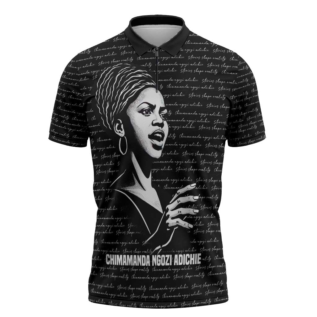 Chimamanda Ngozi Adichie Zipper Polo Shirt with Expressive Speaking Portrait, Stories Shape Reality - African Pride