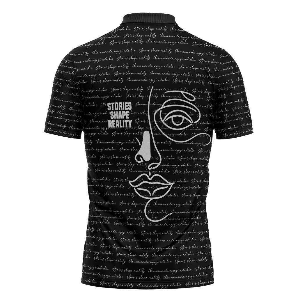 Chimamanda Ngozi Adichie Zipper Polo Shirt with Expressive Speaking Portrait, Stories Shape Reality - African Pride