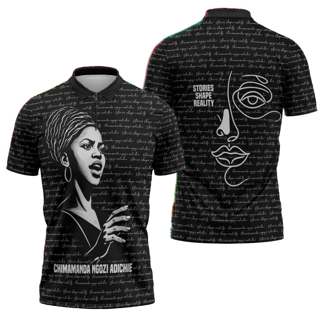 Chimamanda Ngozi Adichie Zipper Polo Shirt with Expressive Speaking Portrait, Stories Shape Reality - African Pride