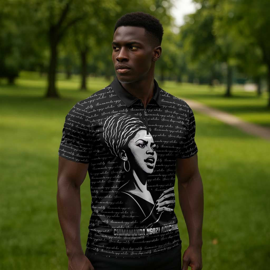 Chimamanda Ngozi Adichie Zipper Polo Shirt with Expressive Speaking Portrait, Stories Shape Reality - African Pride