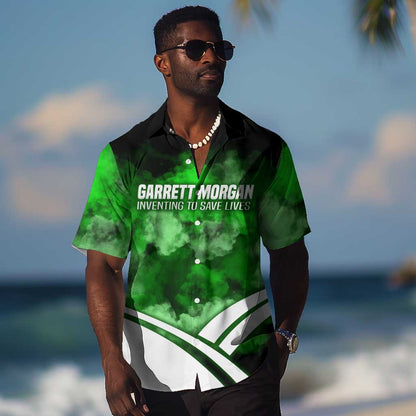 Garrett Morgan Hawaiian Shirt with Gas Mask Invention Illustration, Inventing to Save Lives Quote - African Pride