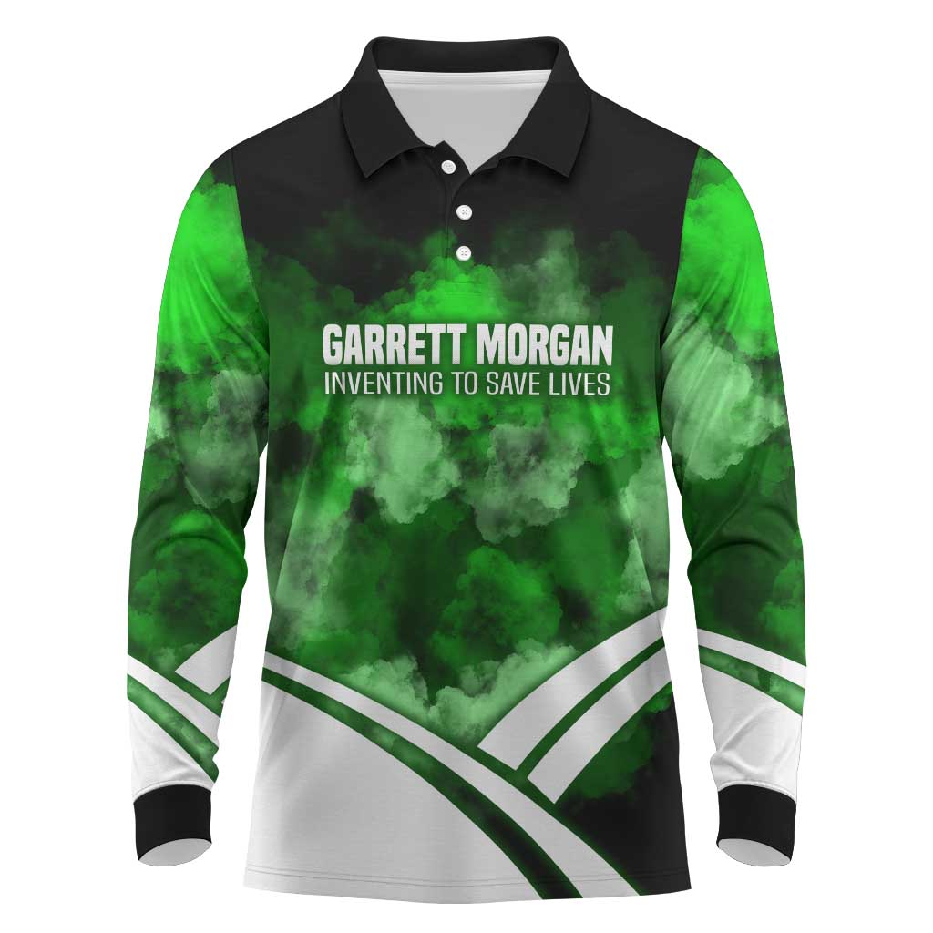 Garrett Morgan Long Sleeve Polo Shirt with Gas Mask Invention Illustration, Inventing to Save Lives Quote - African Pride