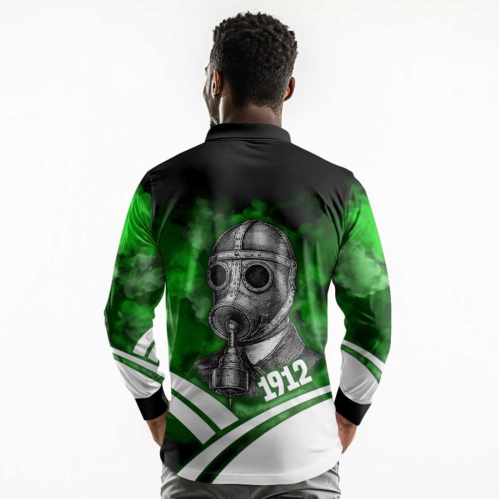 Garrett Morgan Long Sleeve Polo Shirt with Gas Mask Invention Illustration, Inventing to Save Lives Quote - African Pride