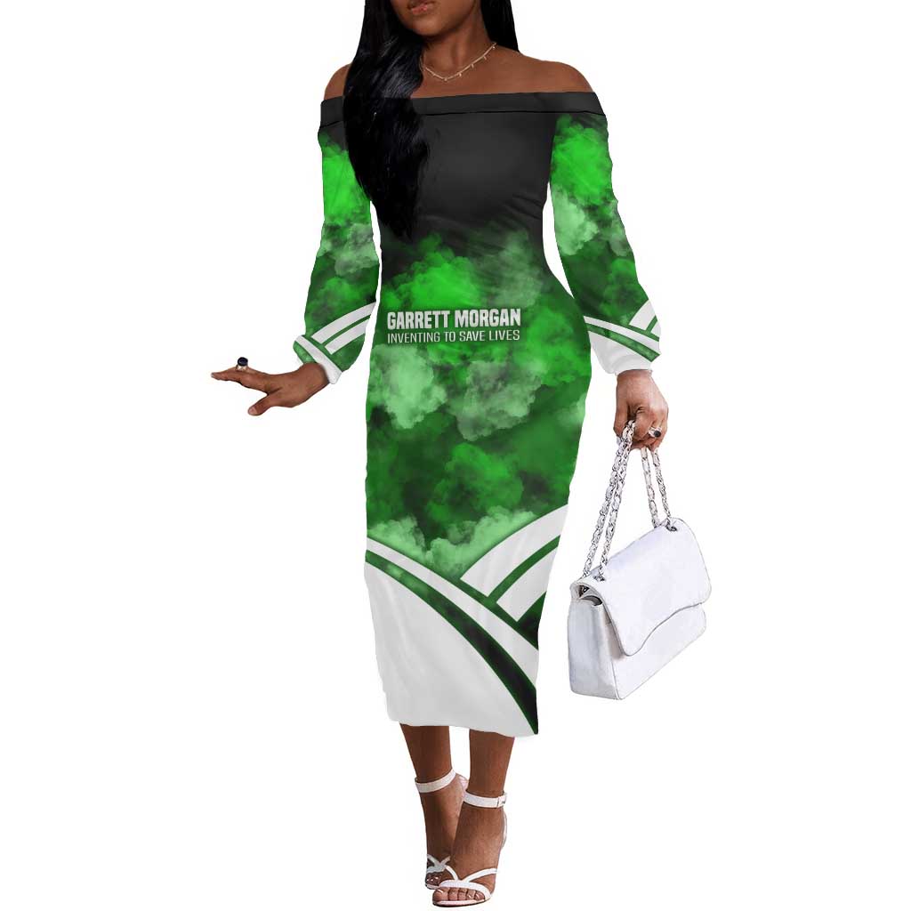Garrett Morgan Off The Shoulder Long Sleeve Dress with Gas Mask Invention Illustration, Inventing to Save Lives Quote - African Pride