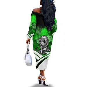 Garrett Morgan Off The Shoulder Long Sleeve Dress with Gas Mask Invention Illustration, Inventing to Save Lives Quote - African Pride