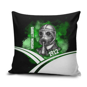 Garrett Morgan Pillow Cover with Gas Mask Invention Illustration, Inventing to Save Lives Quote - African Pride