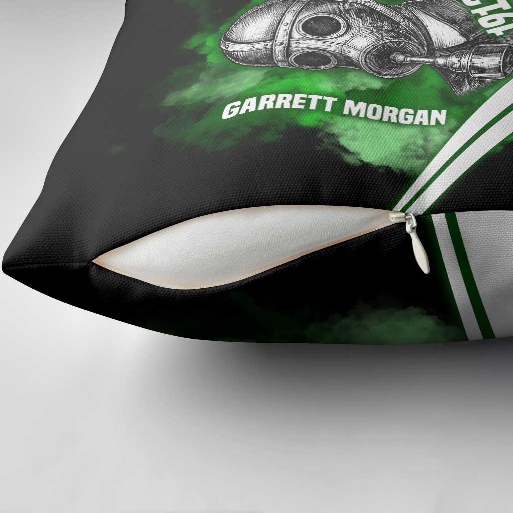 Garrett Morgan Pillow Cover with Gas Mask Invention Illustration, Inventing to Save Lives Quote - African Pride