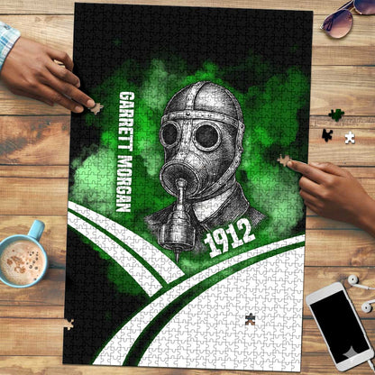 Garrett Morgan Puzzle with Gas Mask Invention Illustration, Inventing to Save Lives Quote - African Pride