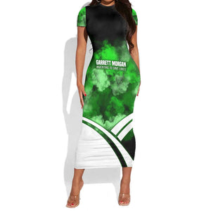 Garrett Morgan Short Sleeve Bodycon Dress with Gas Mask Invention Illustration, Inventing to Save Lives Quote - African Pride