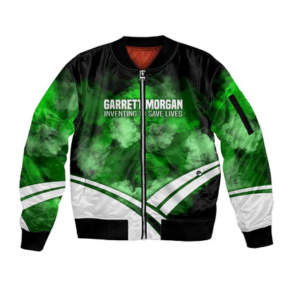 Garrett Morgan Sleeve Zip Bomber Jacket with Gas Mask Invention Illustration, Inventing to Save Lives Quote - African Pride