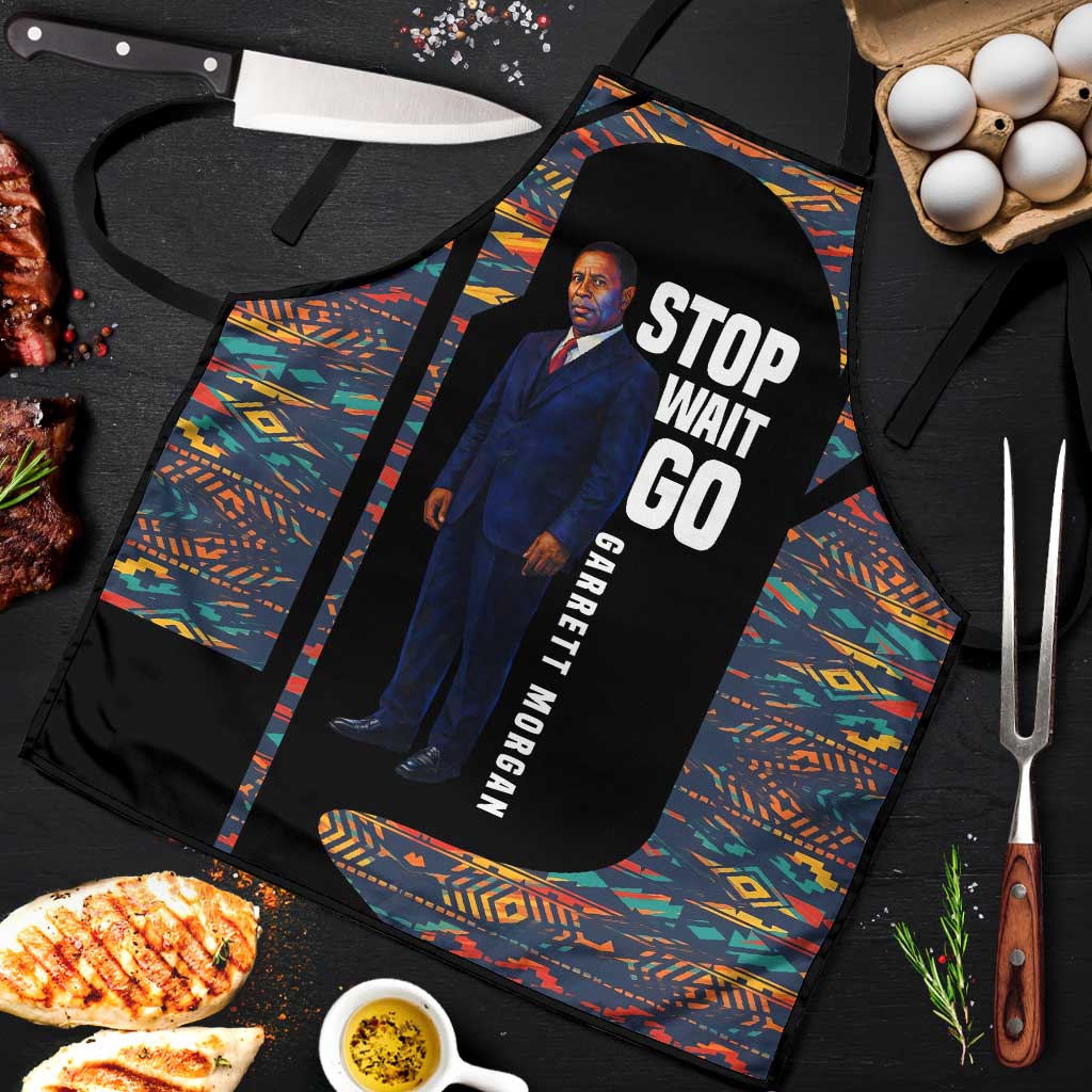 Garrett Morgan Apron with Full Body Portrait, Stop Wait Go Quote, Traffic Light Design - African Pride