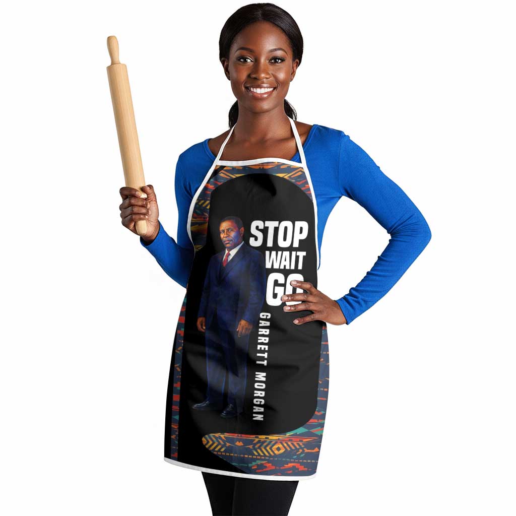 Garrett Morgan Apron with Full Body Portrait, Stop Wait Go Quote, Traffic Light Design - African Pride
