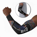 Garrett Morgan Arm Sleeves with Full Body Portrait, Stop Wait Go Quote, Traffic Light Design - African Pride