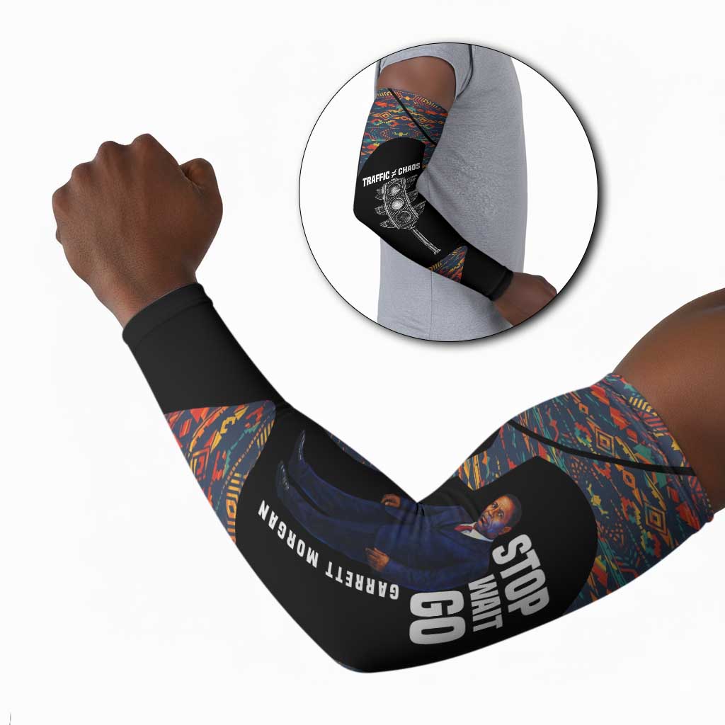 Garrett Morgan Arm Sleeves with Full Body Portrait, Stop Wait Go Quote, Traffic Light Design - African Pride