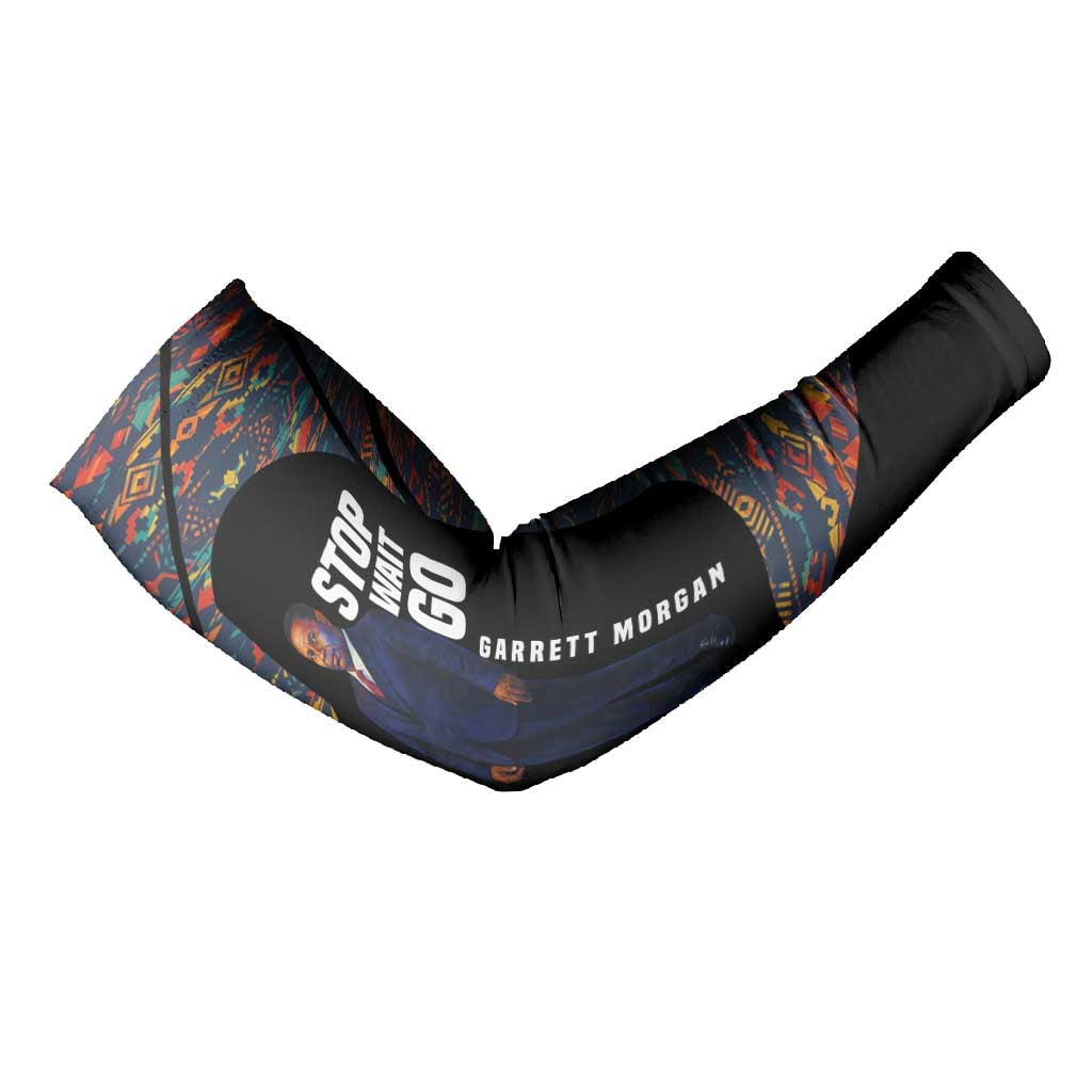 Garrett Morgan Arm Sleeves with Full Body Portrait, Stop Wait Go Quote, Traffic Light Design - African Pride