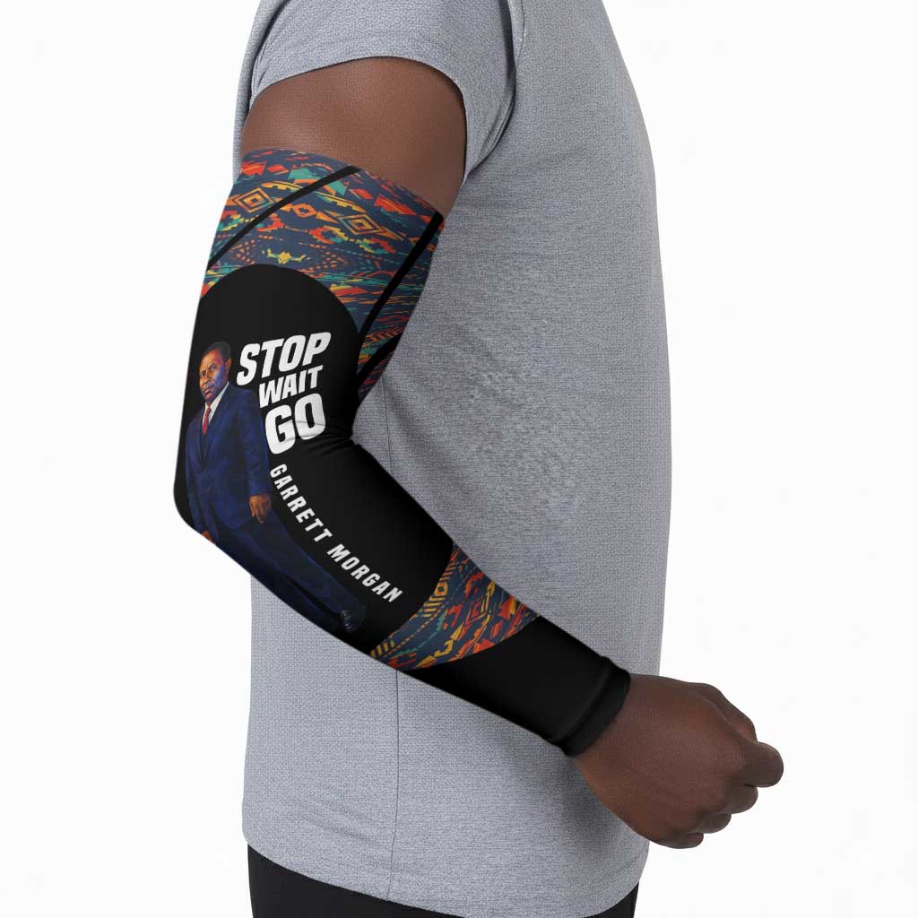 Garrett Morgan Arm Sleeves with Full Body Portrait, Stop Wait Go Quote, Traffic Light Design - African Pride