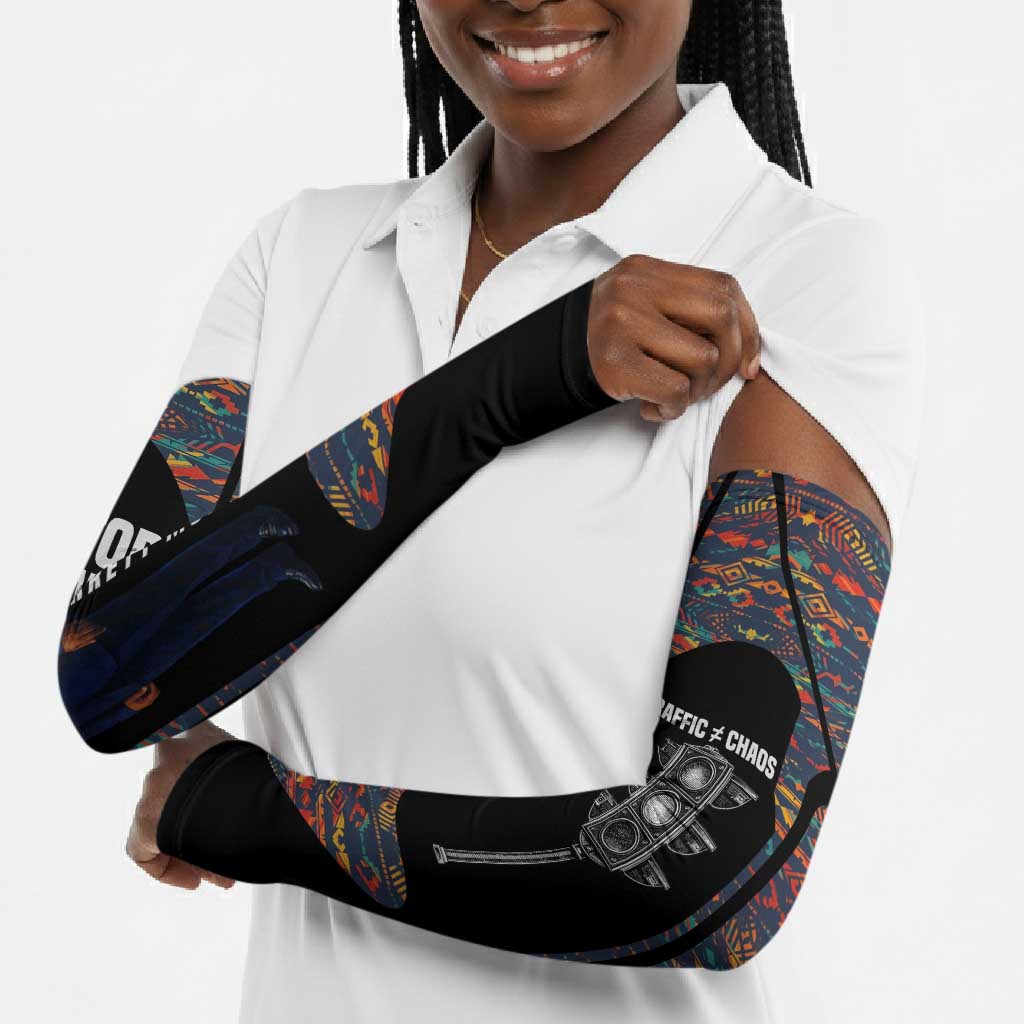 Garrett Morgan Arm Sleeves with Full Body Portrait, Stop Wait Go Quote, Traffic Light Design - African Pride