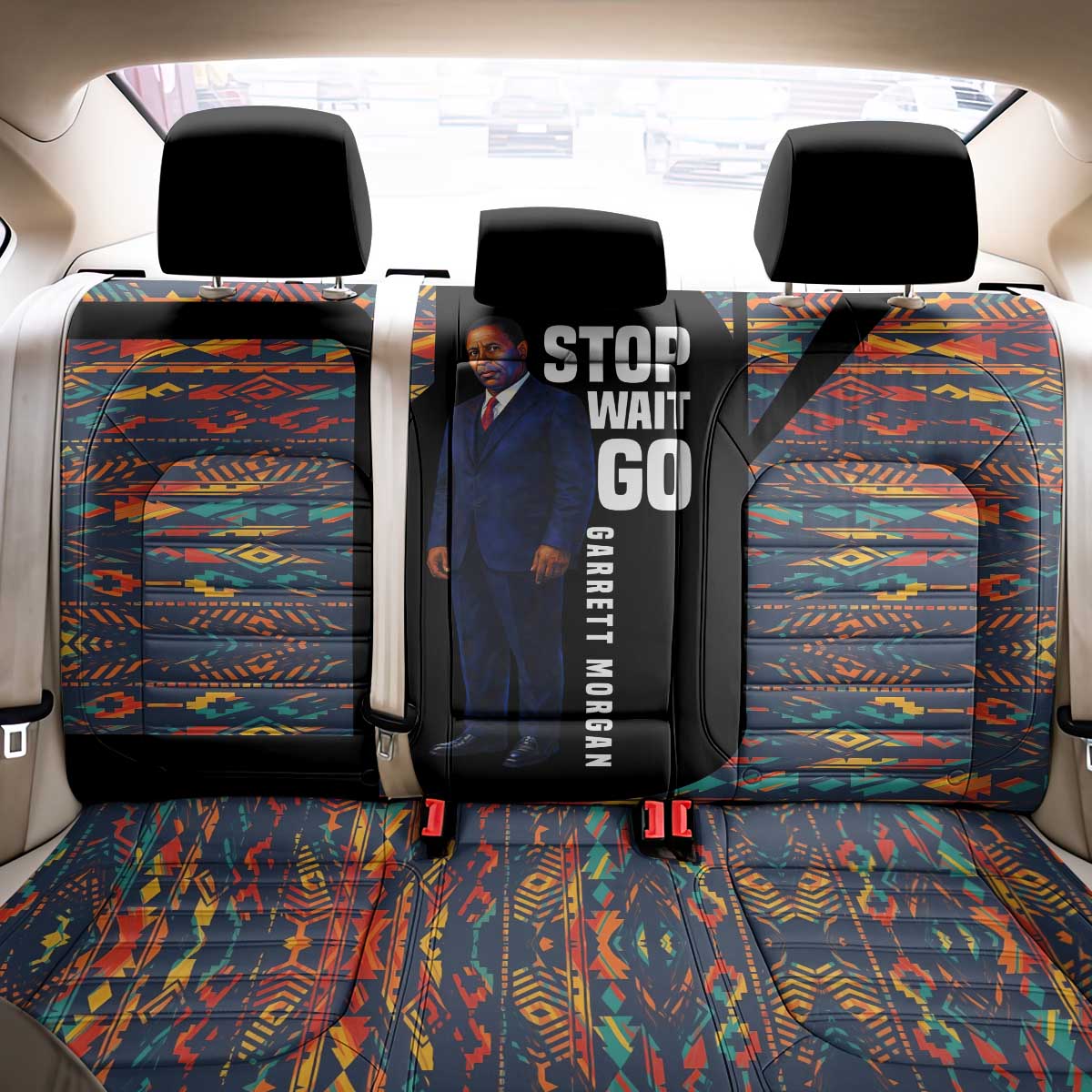 Garrett Morgan Back Car Seat Cover with Full Body Portrait, Stop Wait Go Quote, Traffic Light Design - African Pride