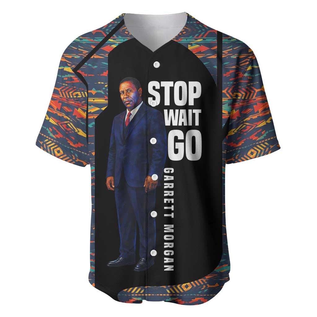 Garrett Morgan Baseball Jersey with Full Body Portrait, Stop Wait Go Quote, Traffic Light Design - African Pride
