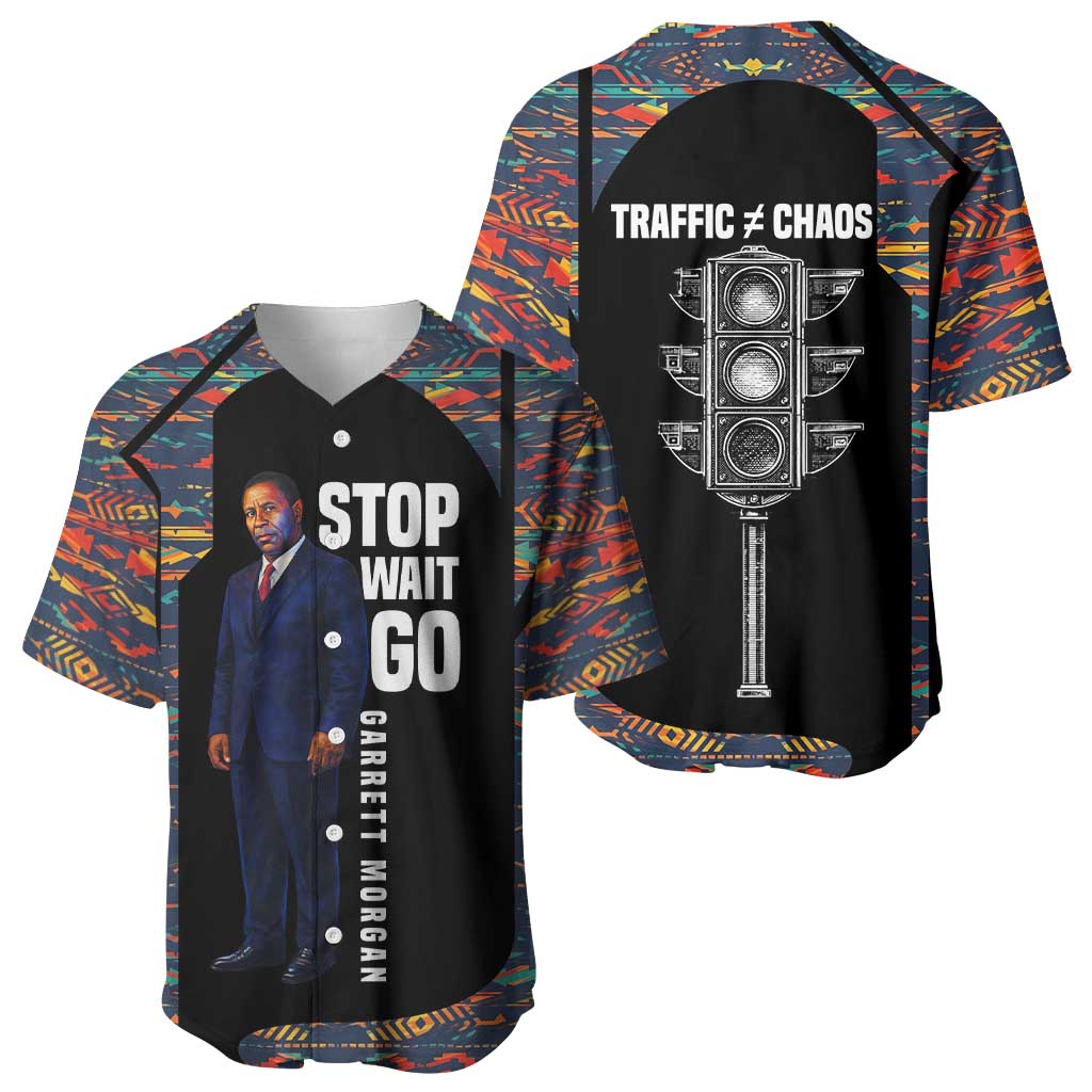 Garrett Morgan Baseball Jersey with Full Body Portrait, Stop Wait Go Quote, Traffic Light Design - African Pride