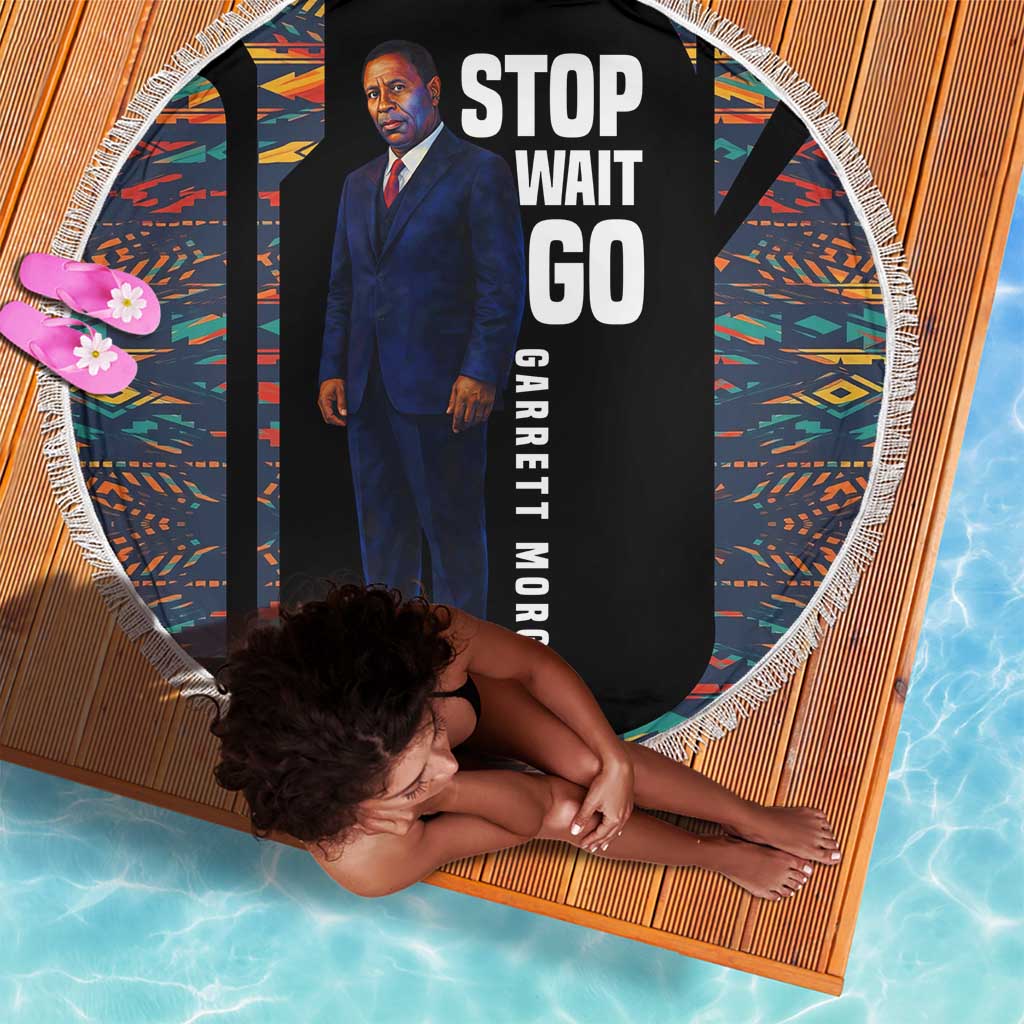 Garrett Morgan Beach Blanket with Full Body Portrait, Stop Wait Go Quote, Traffic Light Design - African Pride