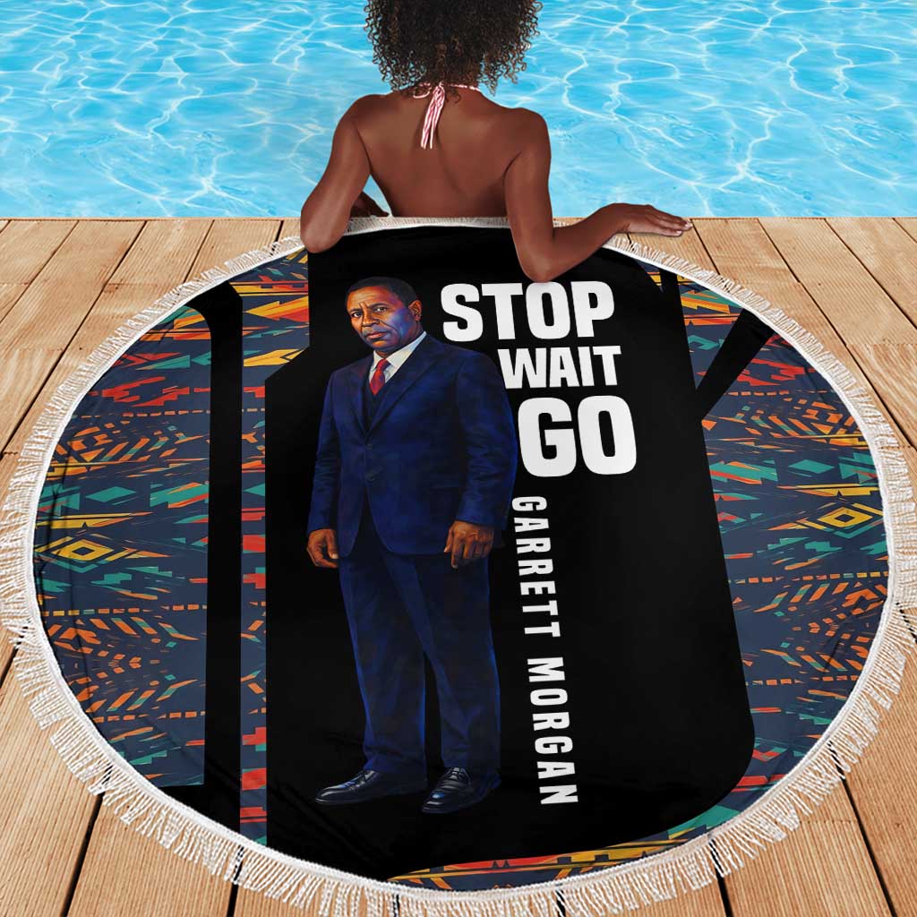 Garrett Morgan Beach Blanket with Full Body Portrait, Stop Wait Go Quote, Traffic Light Design - African Pride