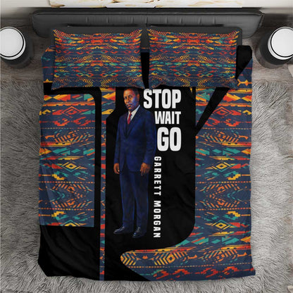 Garrett Morgan Bedding Set with Full Body Portrait, Stop Wait Go Quote, Traffic Light Design - African Pride
