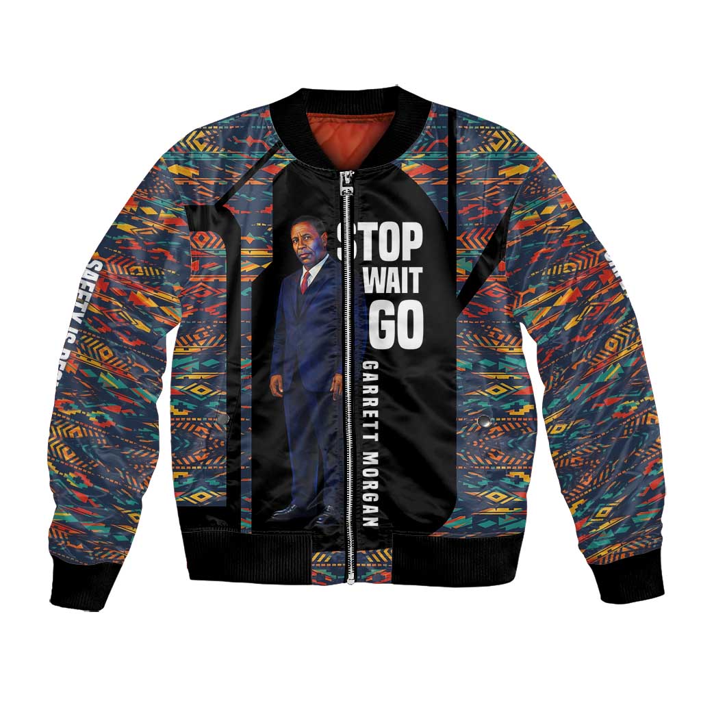 Garrett Morgan Bomber Jacket with Full Body Portrait, Stop Wait Go Quote, Traffic Light Design - African Pride
