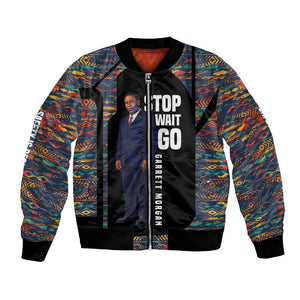 Garrett Morgan Bomber Jacket with Full Body Portrait, Stop Wait Go Quote, Traffic Light Design - African Pride