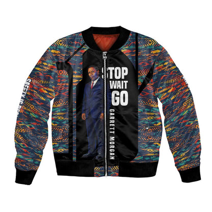 Garrett Morgan Bomber Jacket with Full Body Portrait, Stop Wait Go Quote, Traffic Light Design - African Pride