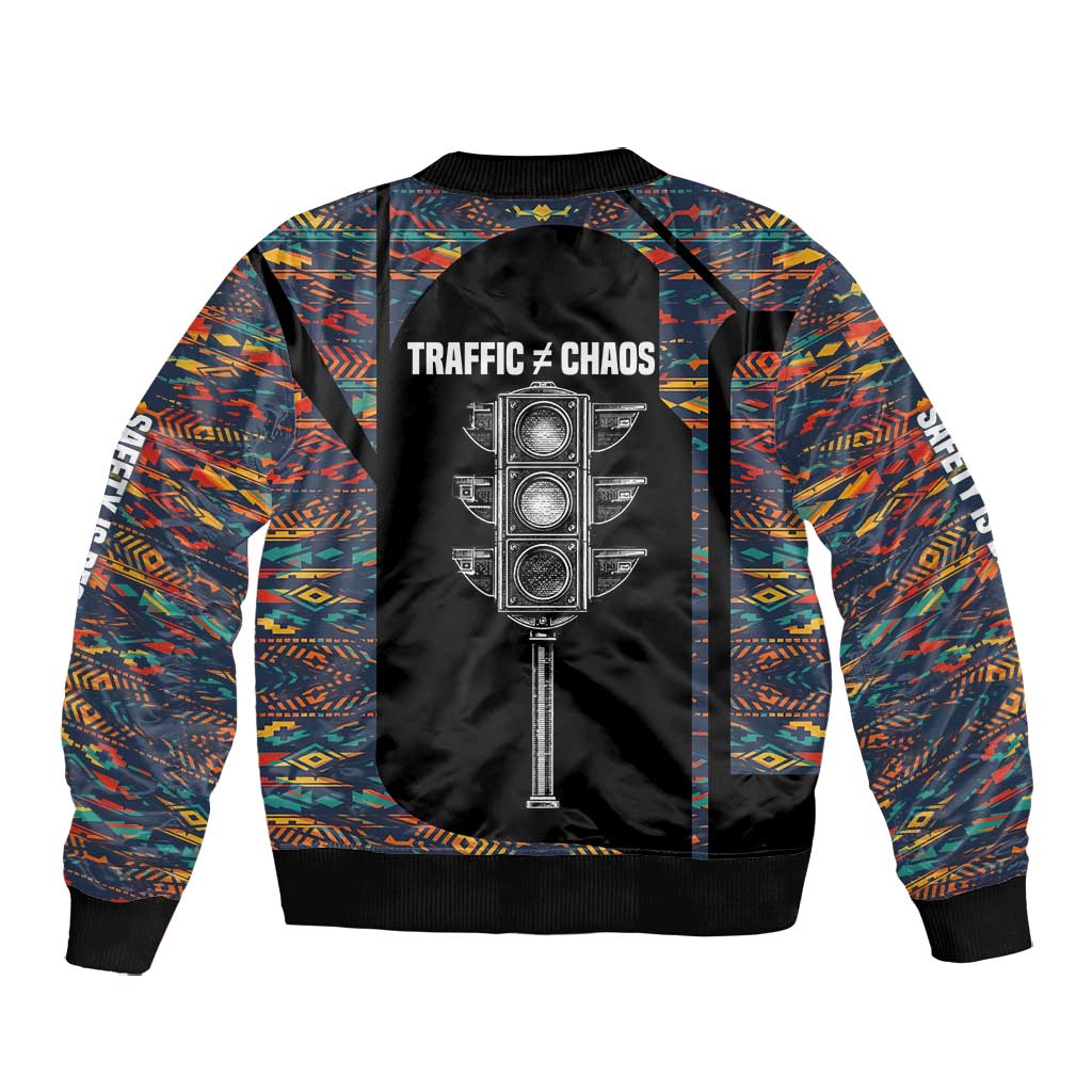 Garrett Morgan Bomber Jacket with Full Body Portrait, Stop Wait Go Quote, Traffic Light Design - African Pride