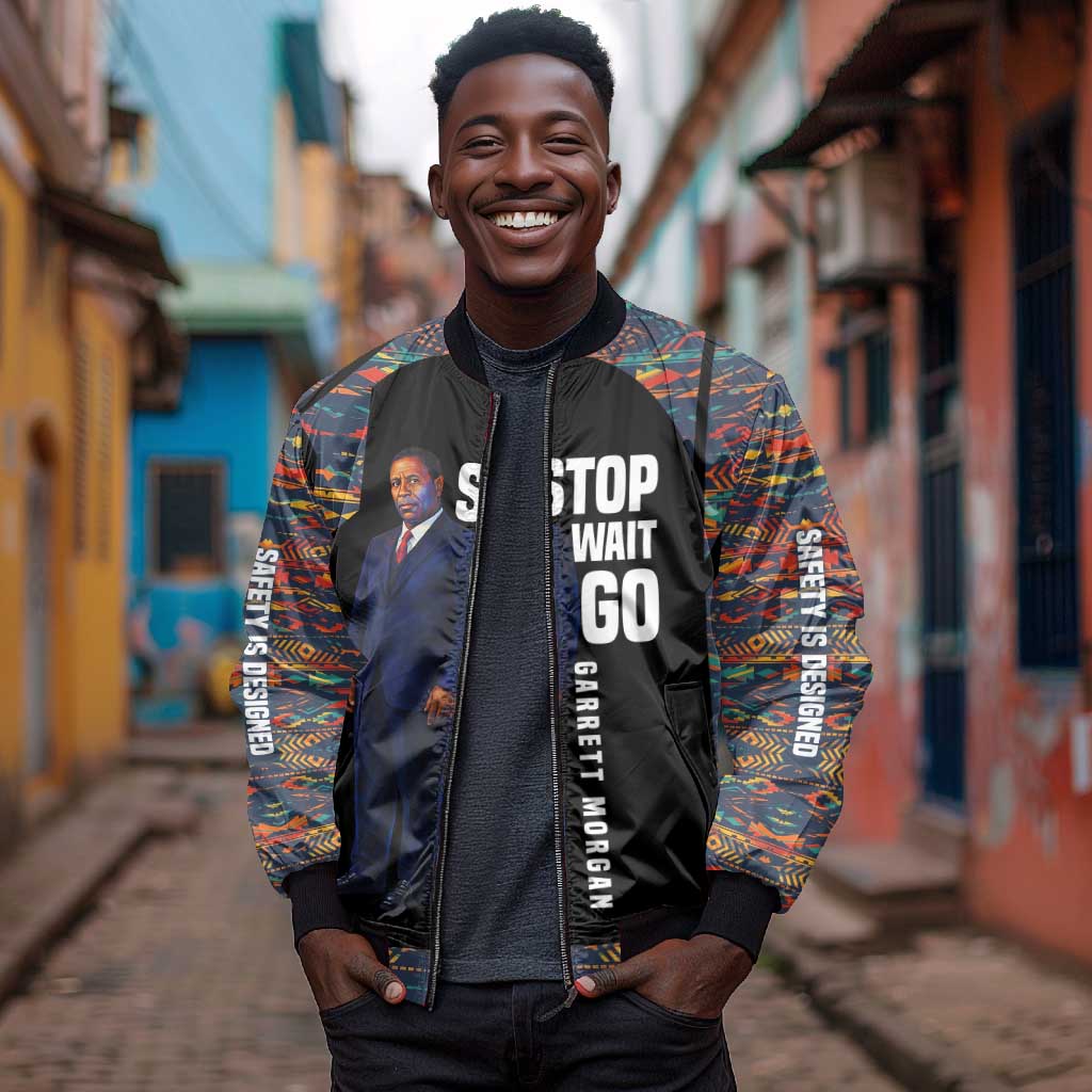 Garrett Morgan Bomber Jacket with Full Body Portrait, Stop Wait Go Quote, Traffic Light Design - African Pride
