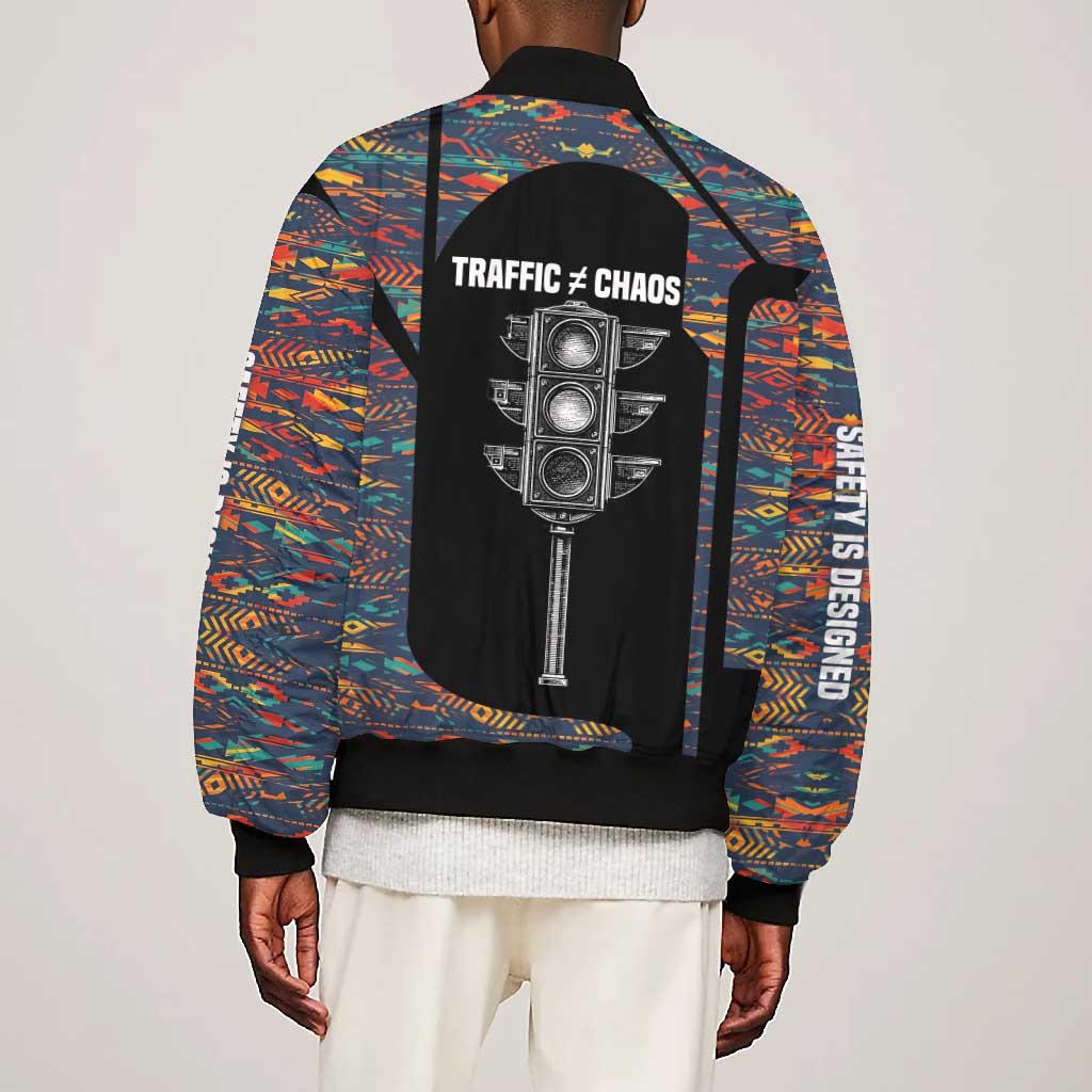 Garrett Morgan Bomber Jacket with Full Body Portrait, Stop Wait Go Quote, Traffic Light Design - African Pride