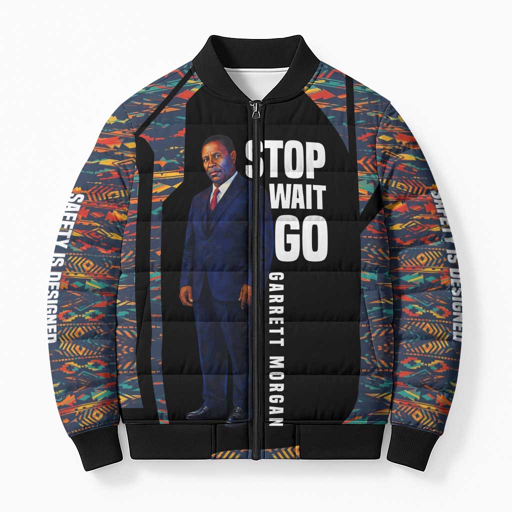 Garrett Morgan Bomber Puffer Jacket with Full Body Portrait, Stop Wait Go Quote, Traffic Light Design - African Pride
