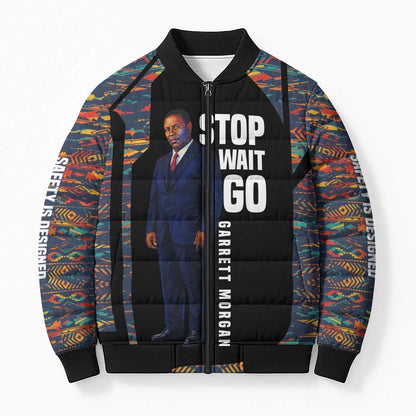 Garrett Morgan Bomber Puffer Jacket with Full Body Portrait, Stop Wait Go Quote, Traffic Light Design - African Pride