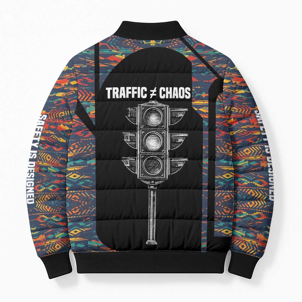Garrett Morgan Bomber Puffer Jacket with Full Body Portrait, Stop Wait Go Quote, Traffic Light Design - African Pride