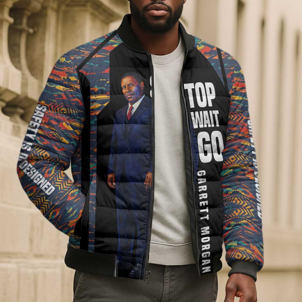 Garrett Morgan Bomber Puffer Jacket with Full Body Portrait, Stop Wait Go Quote, Traffic Light Design - African Pride