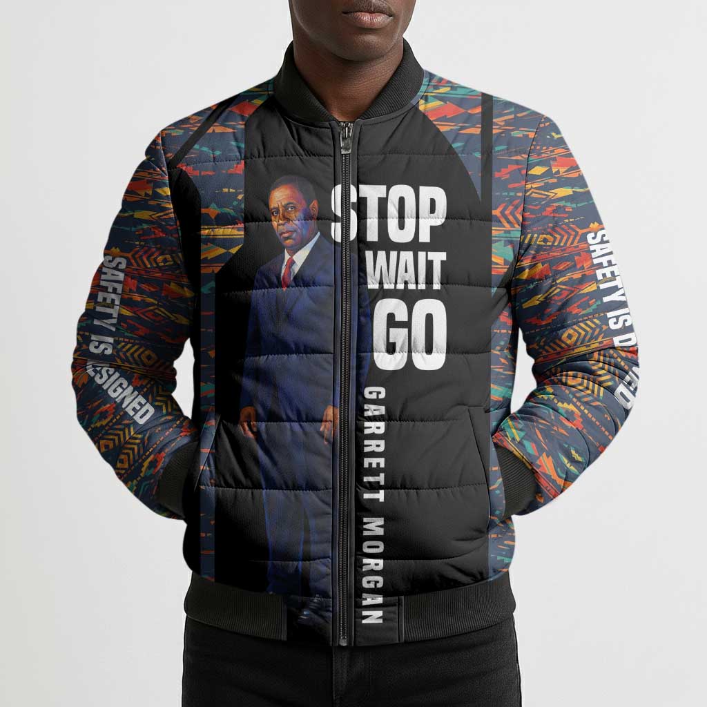 Garrett Morgan Bomber Puffer Jacket with Full Body Portrait, Stop Wait Go Quote, Traffic Light Design - African Pride