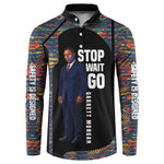 Garrett Morgan Button Sweatshirt with Full Body Portrait, Stop Wait Go Quote, Traffic Light Design
