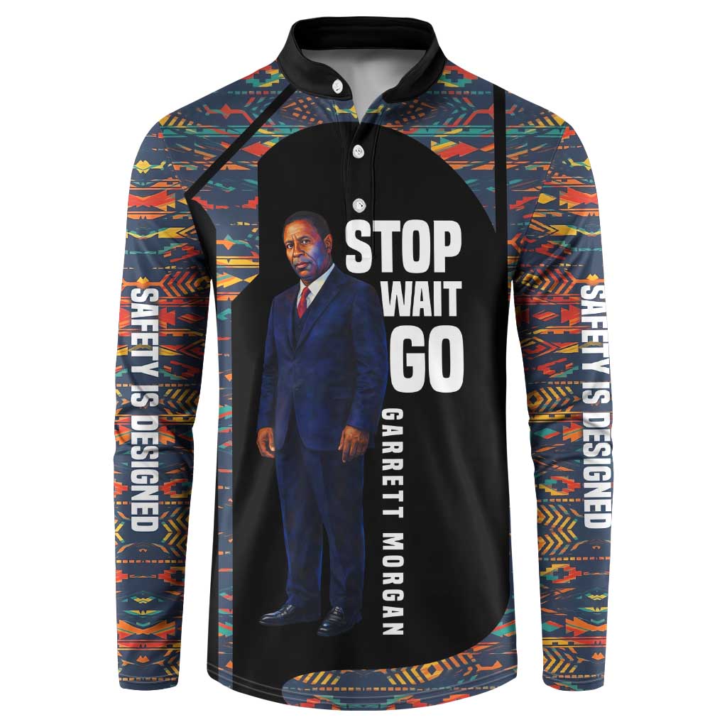 Garrett Morgan Button Sweatshirt with Full Body Portrait, Stop Wait Go Quote, Traffic Light Design