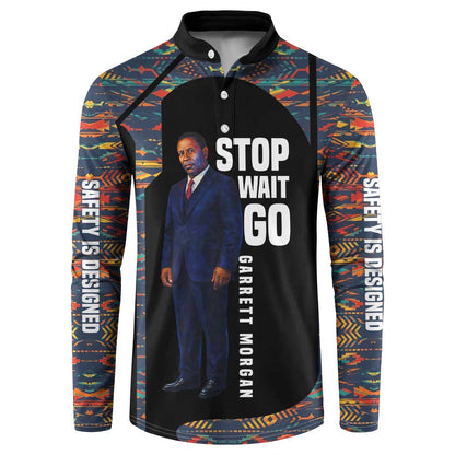 Garrett Morgan Button Sweatshirt with Full Body Portrait, Stop Wait Go Quote, Traffic Light Design