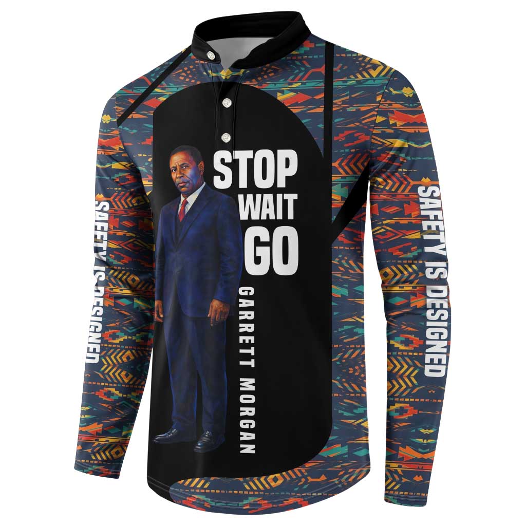 Garrett Morgan Button Sweatshirt with Full Body Portrait, Stop Wait Go Quote, Traffic Light Design
