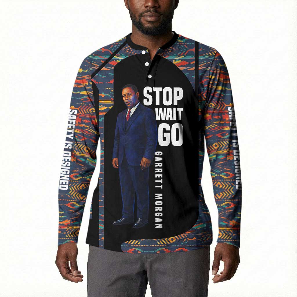 Garrett Morgan Button Sweatshirt with Full Body Portrait, Stop Wait Go Quote, Traffic Light Design