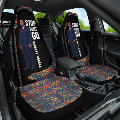 Garrett Morgan Car Seat Cover with Full Body Portrait, Stop Wait Go Quote, Traffic Light Design - African Pride