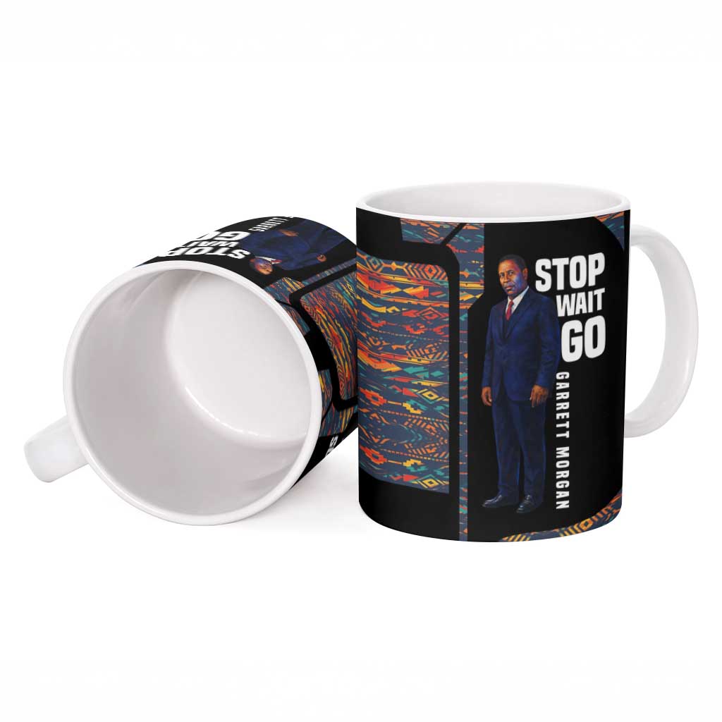 Garrett Morgan Ceramic Mug with Full Body Portrait, Stop Wait Go Quote, Traffic Light Design - African Pride
