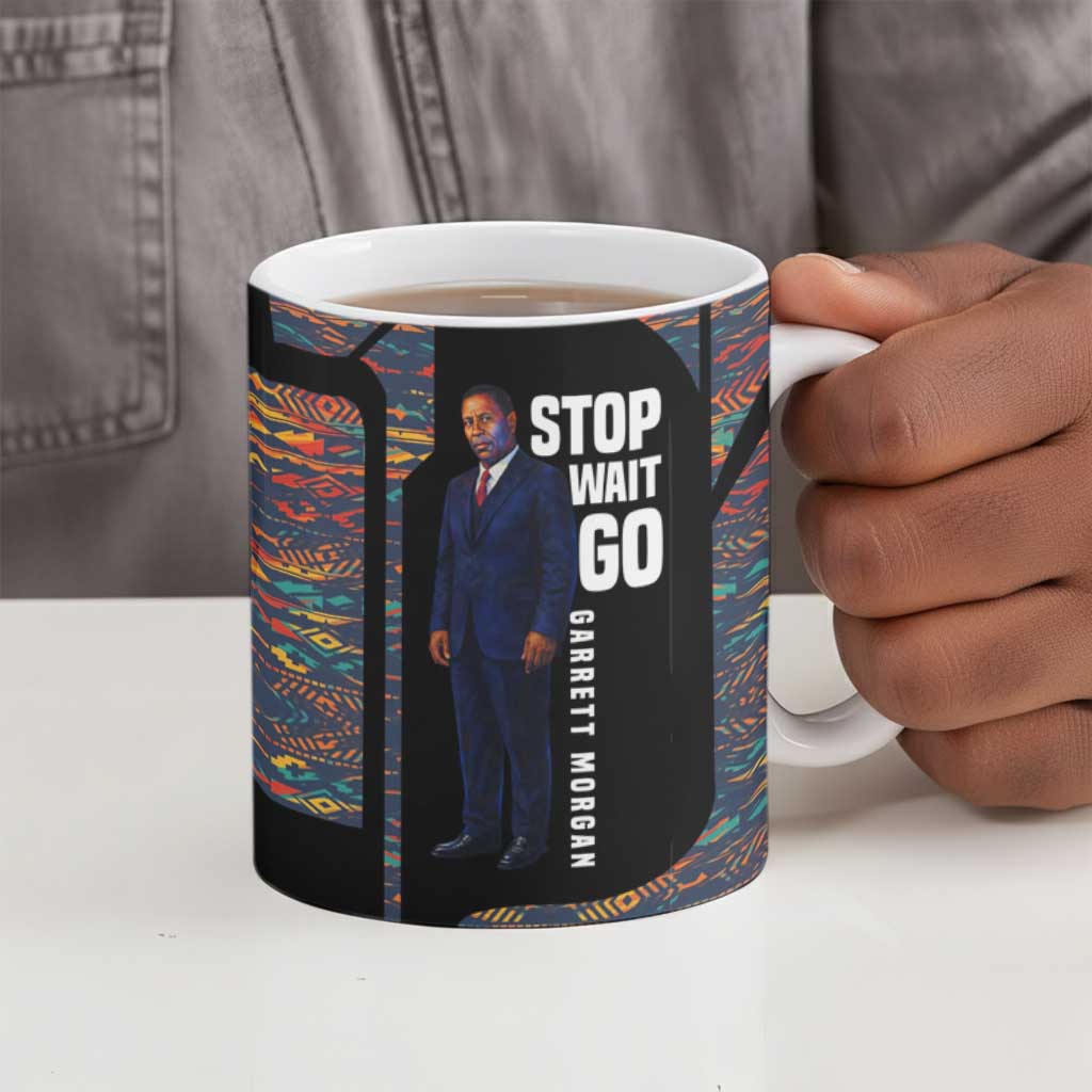 Garrett Morgan Ceramic Mug with Full Body Portrait, Stop Wait Go Quote, Traffic Light Design - African Pride