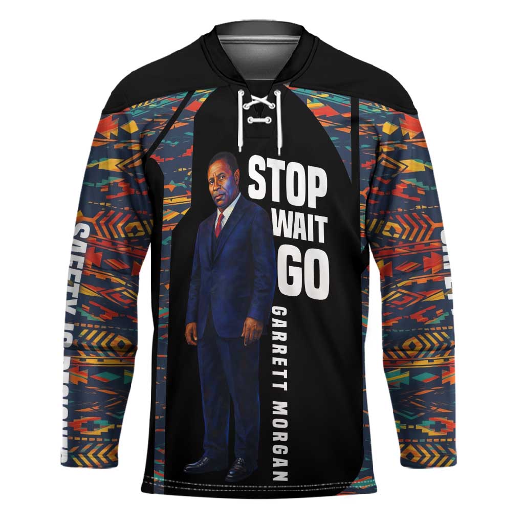 Garrett Morgan Hockey Jersey with Full Body Portrait, Stop Wait Go Quote, Traffic Light Design - African Pride