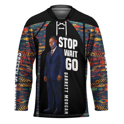 Garrett Morgan Hockey Jersey with Full Body Portrait, Stop Wait Go Quote, Traffic Light Design - African Pride
