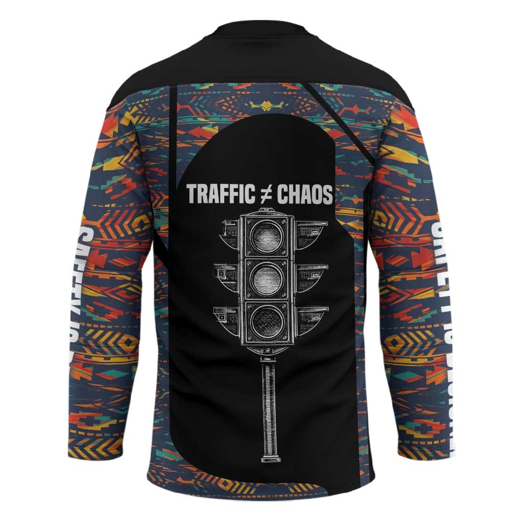 Garrett Morgan Hockey Jersey with Full Body Portrait, Stop Wait Go Quote, Traffic Light Design - African Pride