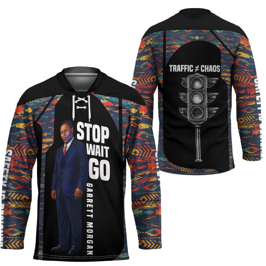 Garrett Morgan Hockey Jersey with Full Body Portrait, Stop Wait Go Quote, Traffic Light Design - African Pride